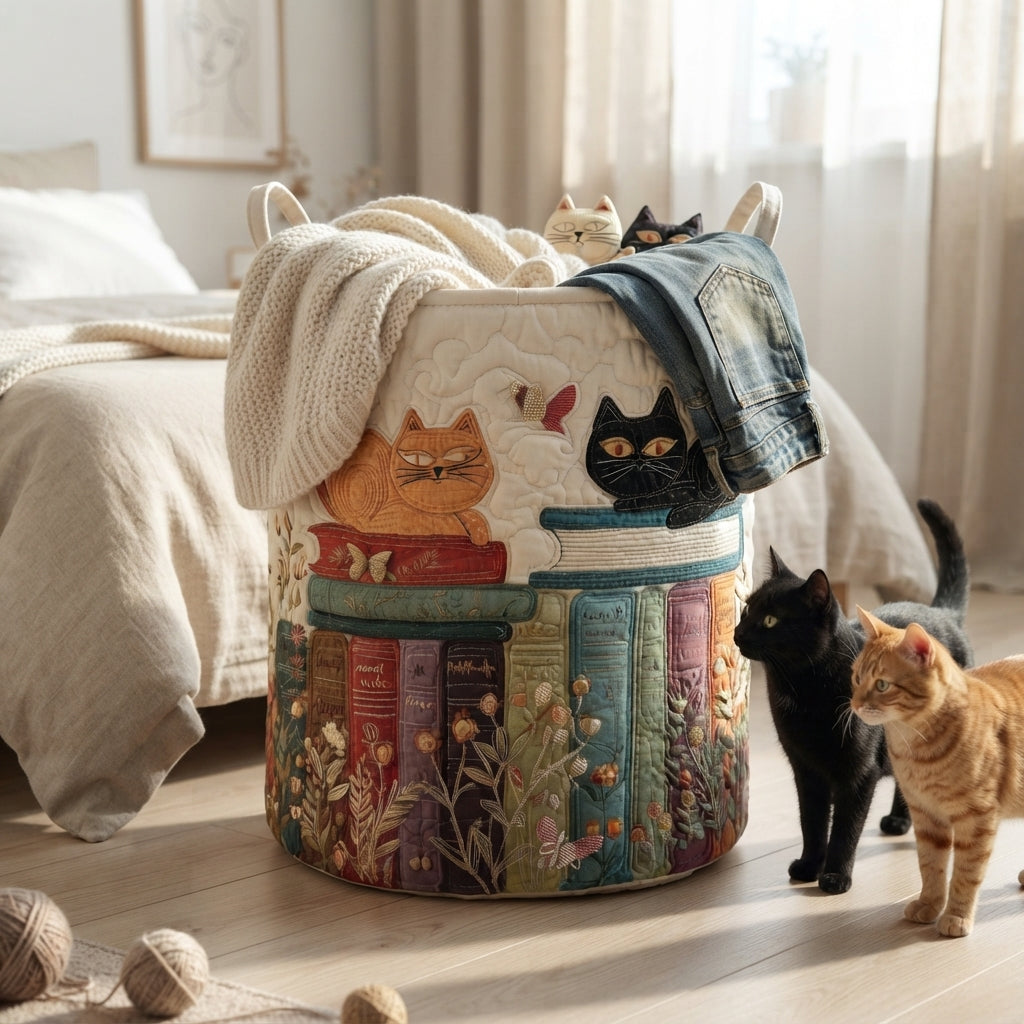 Quilted Cat Pattern Laundry Basket, Foldable Fabric Hamper with Handles 5