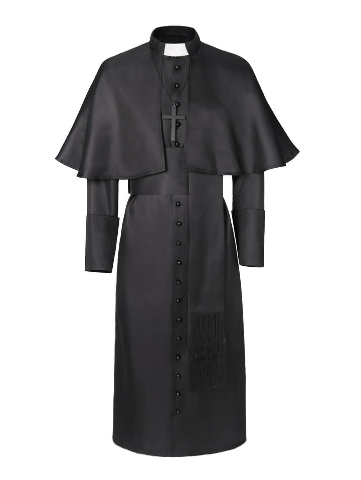 Men's Halloween Priest Costume with Long Robe, Cape and Cross 3