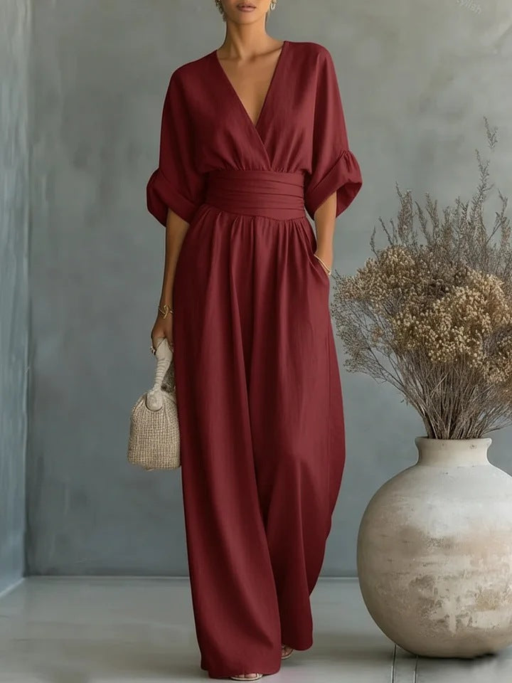 Women's Elegant Wide-Leg Jumpsuit with V-Neck Flowy Fit 13