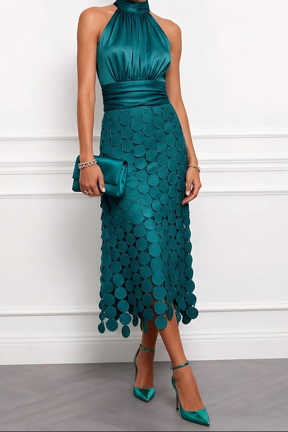 Halter Satin Midi Occasion Dress with Appliqué Skirt 6