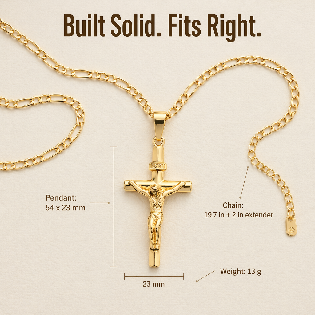 Gold Crucifix Necklace Set with INRI Inscription and Figaro Chain, 2-Pack 6