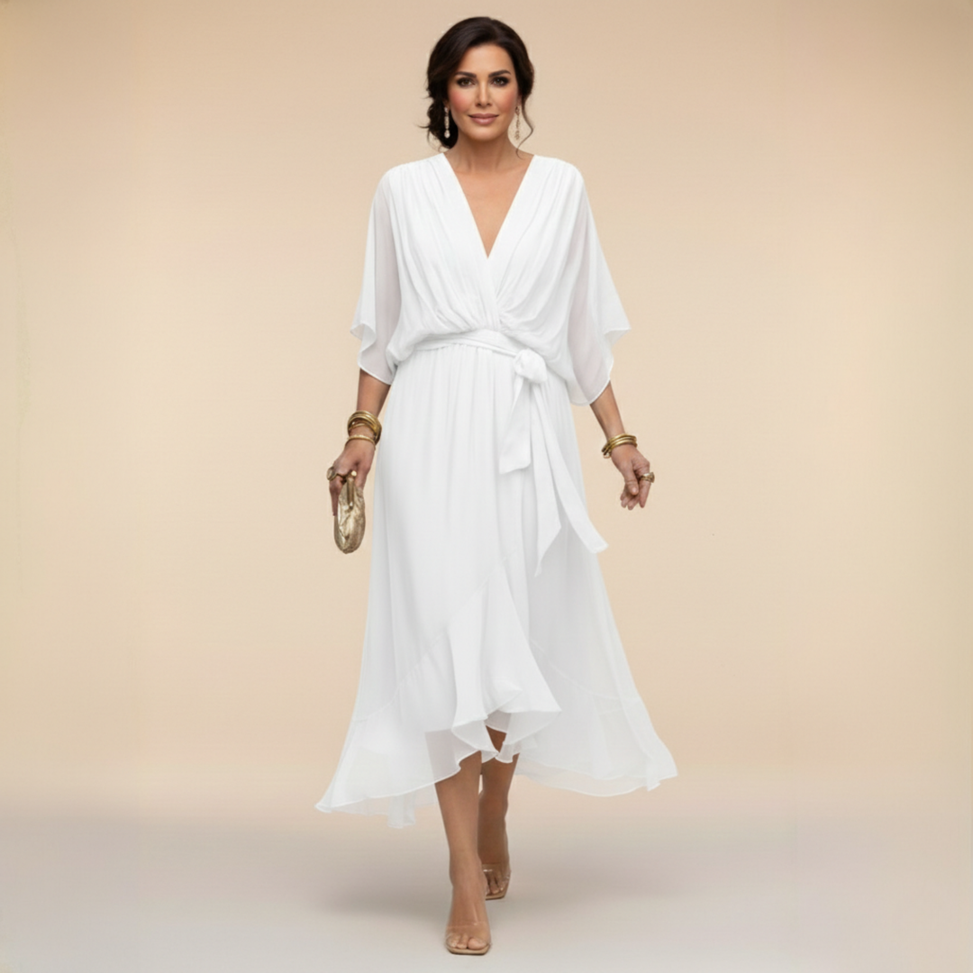 Elegant Flowy Midi Dress for Women – V-Neck & Adjustable Waist 6