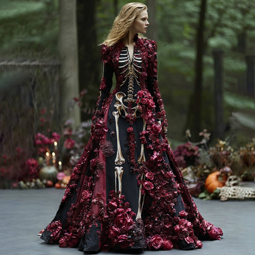 Women's Halloween Skeleton Floral Long Sleeve Maxi Dress for Parties 5