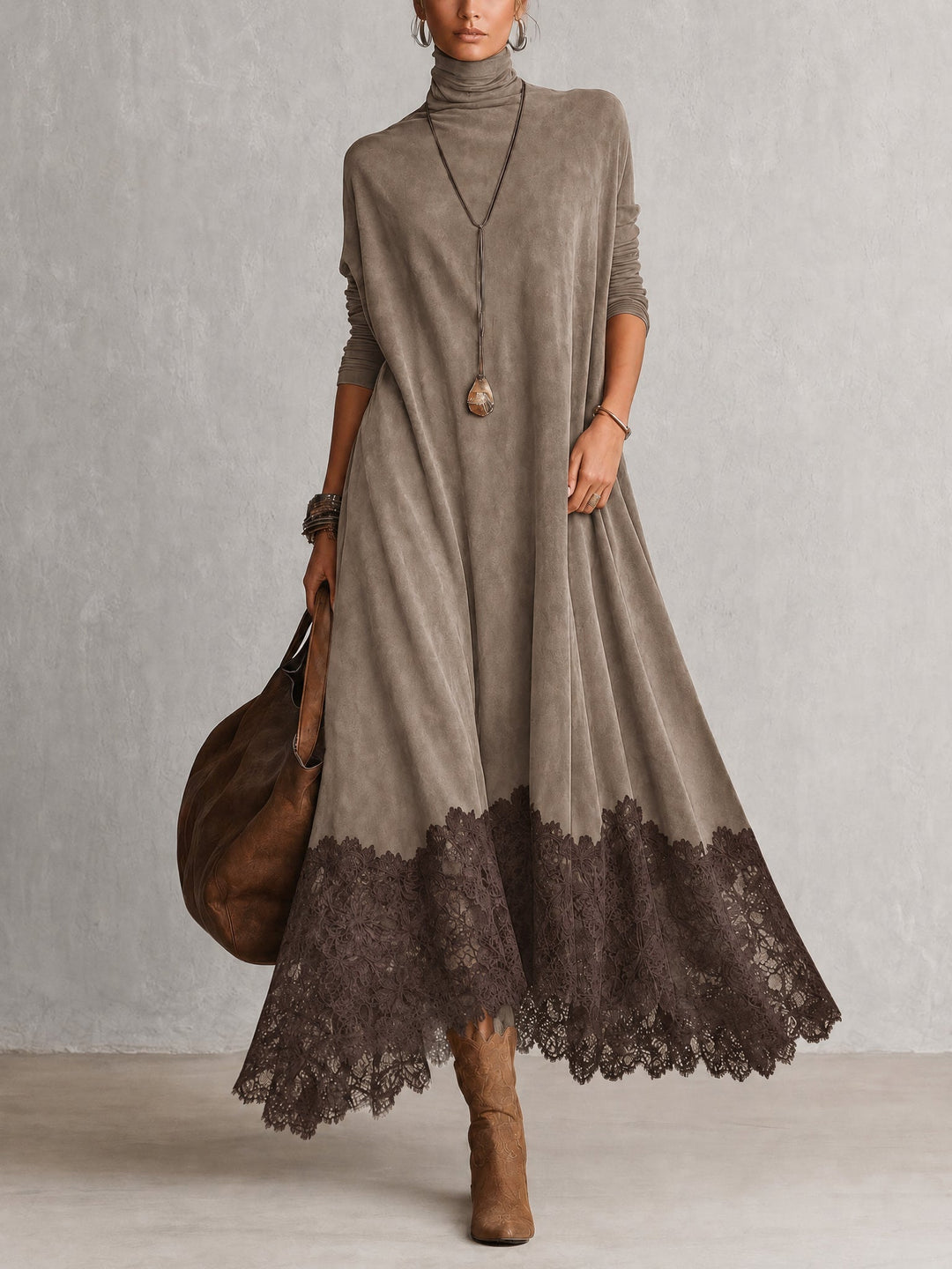 Long Faux Suede Dress with Contrast Lace Hem 8