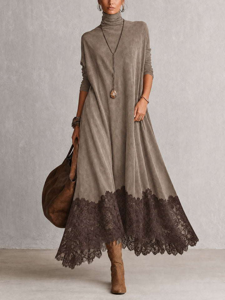 Long Faux Suede Dress with Contrast Lace Hem 8