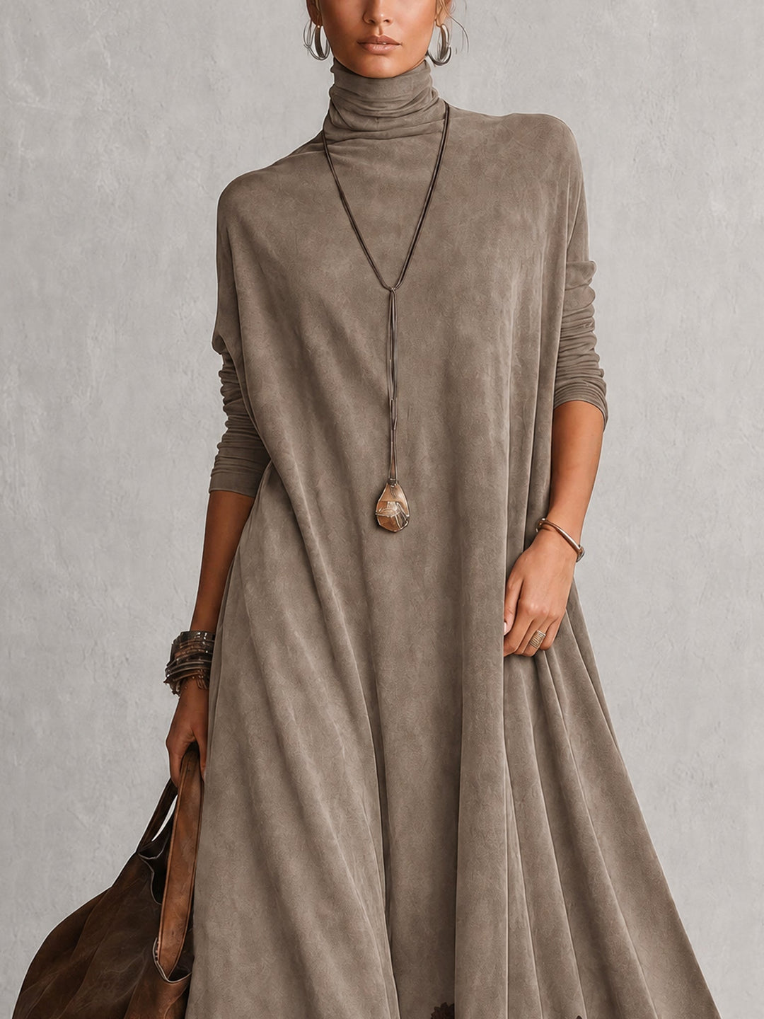 Women's Maxi Dress in Faux Suede with High Neck and Lace Hem 13