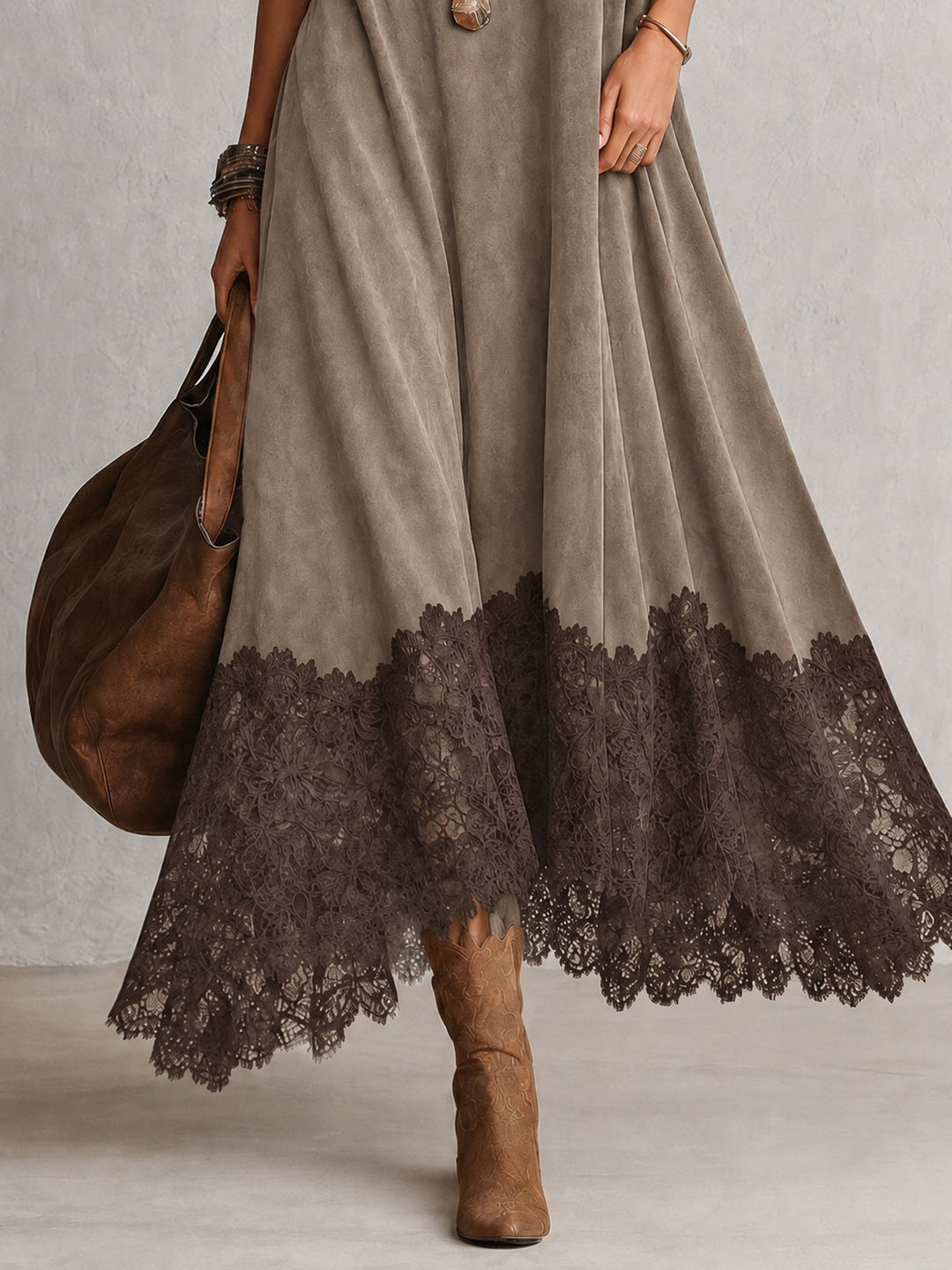 Women's Maxi Dress in Faux Suede with High Neck and Lace Hem 14
