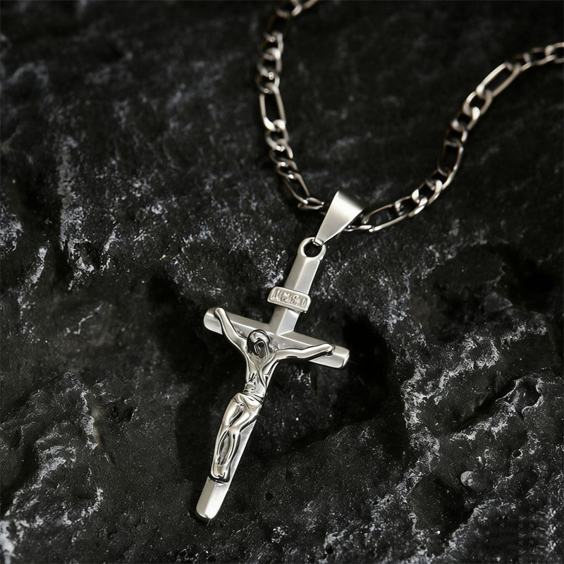 Gold Crucifix Necklace Set with INRI Inscription and Figaro Chain, 2-Pack 10