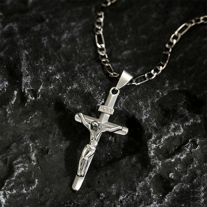 Gold Crucifix Necklace Set with INRI Inscription and Figaro Chain, 2-Pack 10