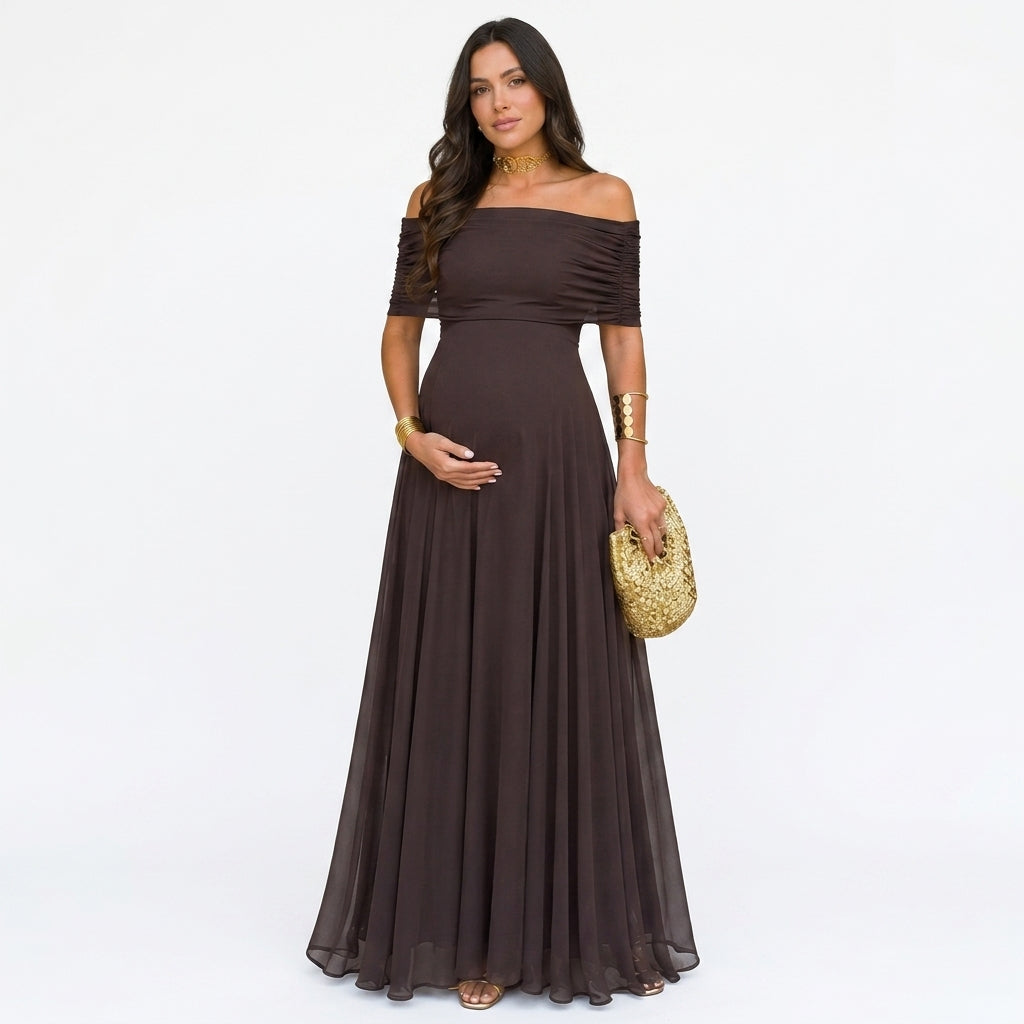Off-Shoulder Floral Maternity Maxi Dress for Baby Showers and Photoshoots 1