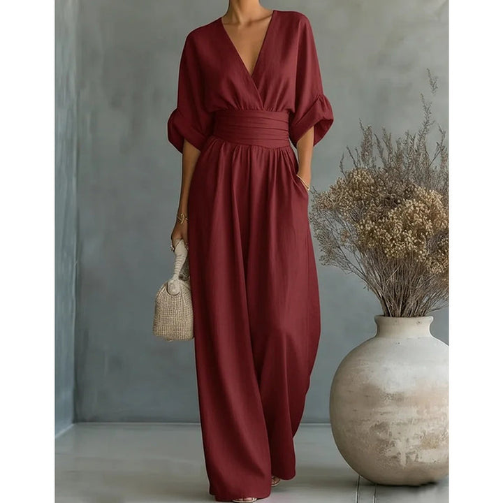 Women's Elegant Wide-Leg Jumpsuit with V-Neck Flowy Fit 2