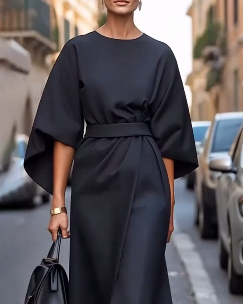 Elegant Belted Dress with Lantern Sleeves for Women 5
