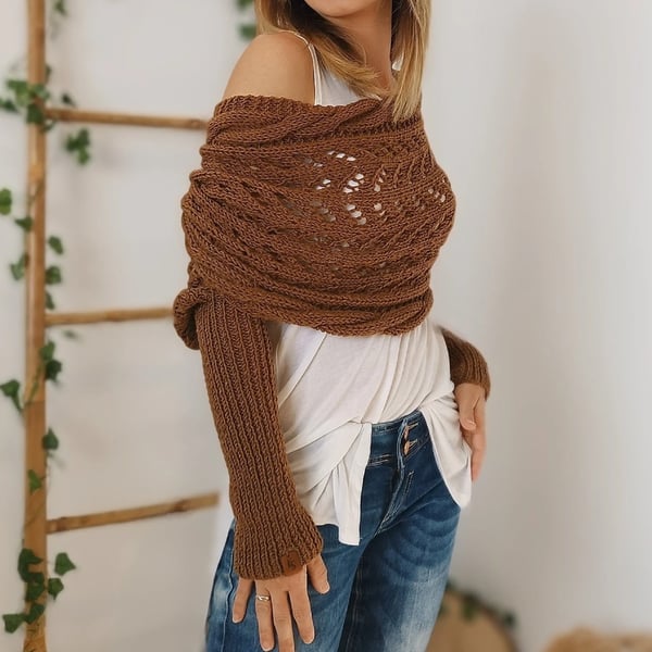 Double Sleeve Wrap Scarf - Cozy Knit Shawl with Built-In Sleeves 10