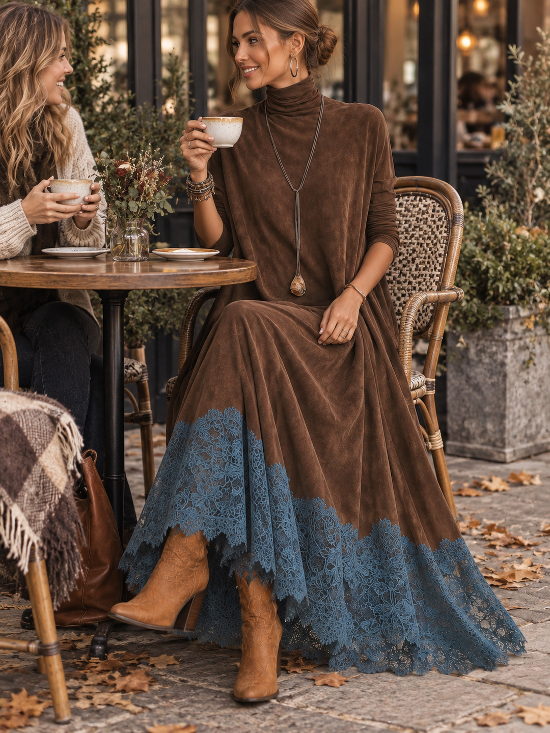 Long Faux Suede Dress with Contrast Lace Hem 6