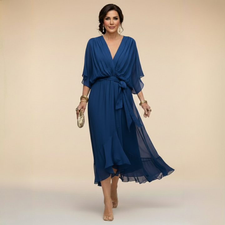 Elegant Flowy Midi Dress for Women – V-Neck & Adjustable Waist 3