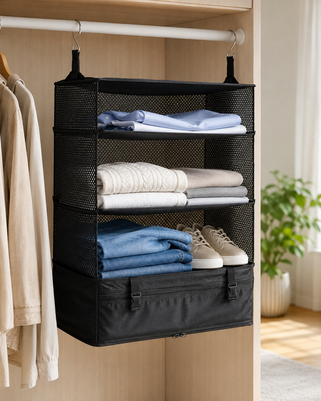 Foldable Hanging Travel Shelf Organizer with 3 Shelves and Zip Pocket 12