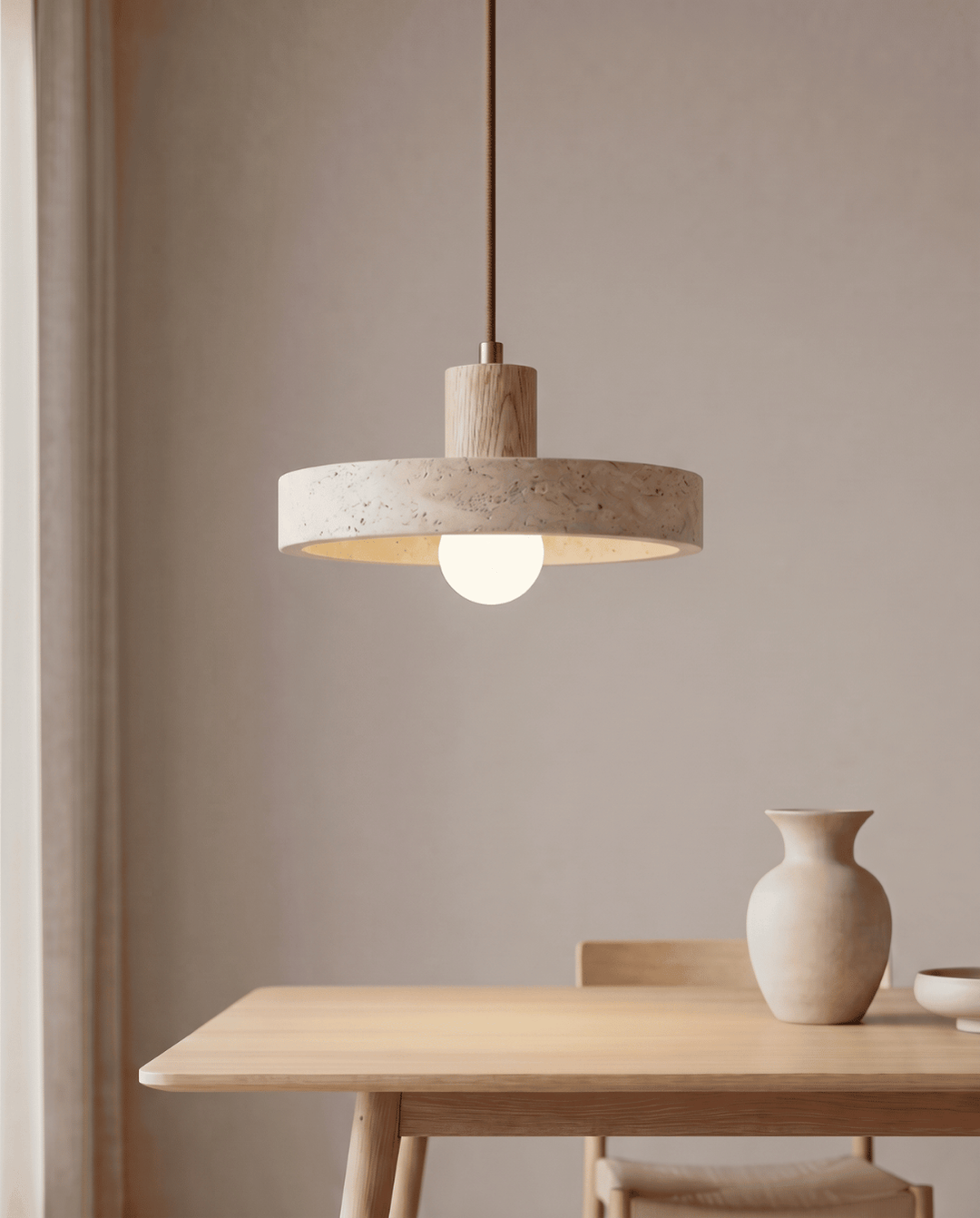 Yellow Travertine Pendant Light with Solid Wood Accent 7