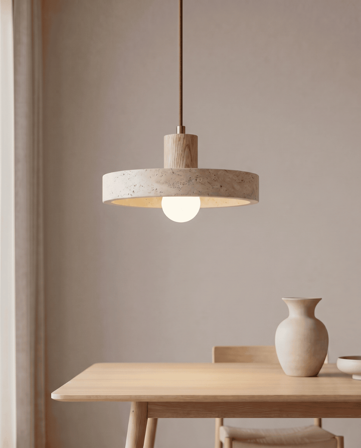 Yellow Travertine Pendant Light with Solid Wood Accent 7