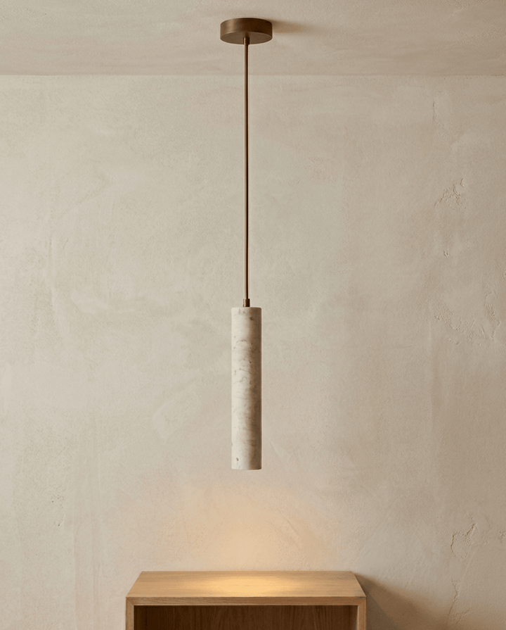 Yellow Travertine Pendant Lamp, Wabi-Sabi Cylinder Design 7