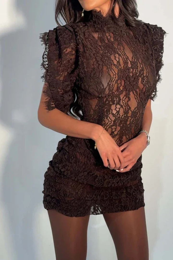 Lace Bodycon Mini Dress with High Neck, Ruched Skirt and Cap Sleeves 7