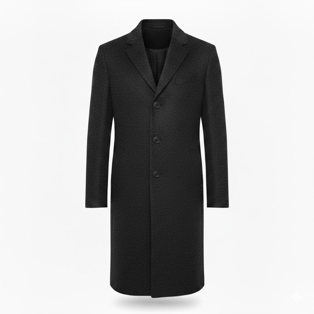 Men's Long Coat with Notch Lapel, Single Button Closure, Modern Slim Fit 1
