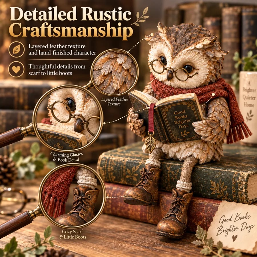 Reading Owl Decorative Figurine with Glasses, Book and Scarf - Cozy Gift for Book Lovers 4
