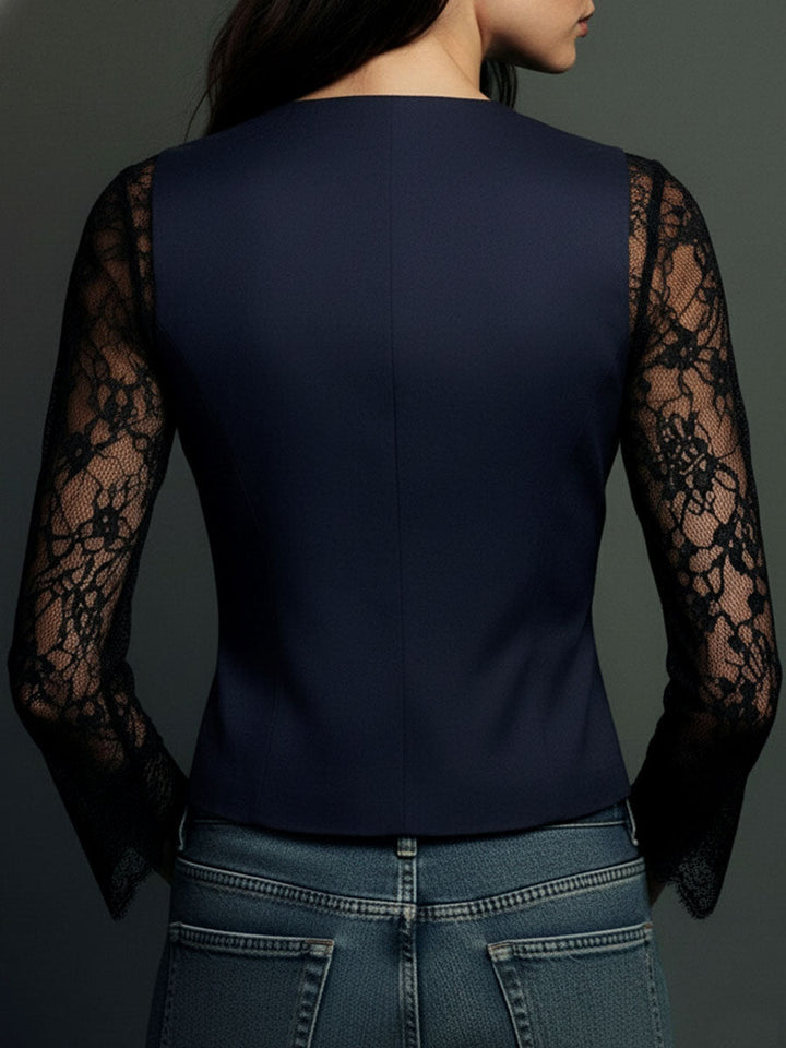 Black Blazer with Sheer Sleeves, Structured Layering Jacket 16