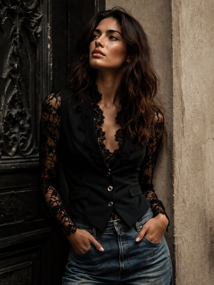 Black Blazer with Sheer Sleeves, Structured Layering Jacket 2