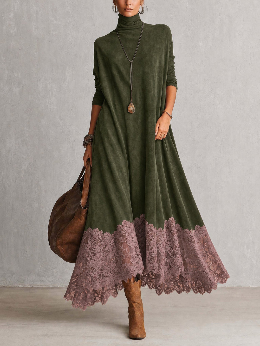 Women's Maxi Dress in Faux Suede with High Neck and Lace Hem 4
