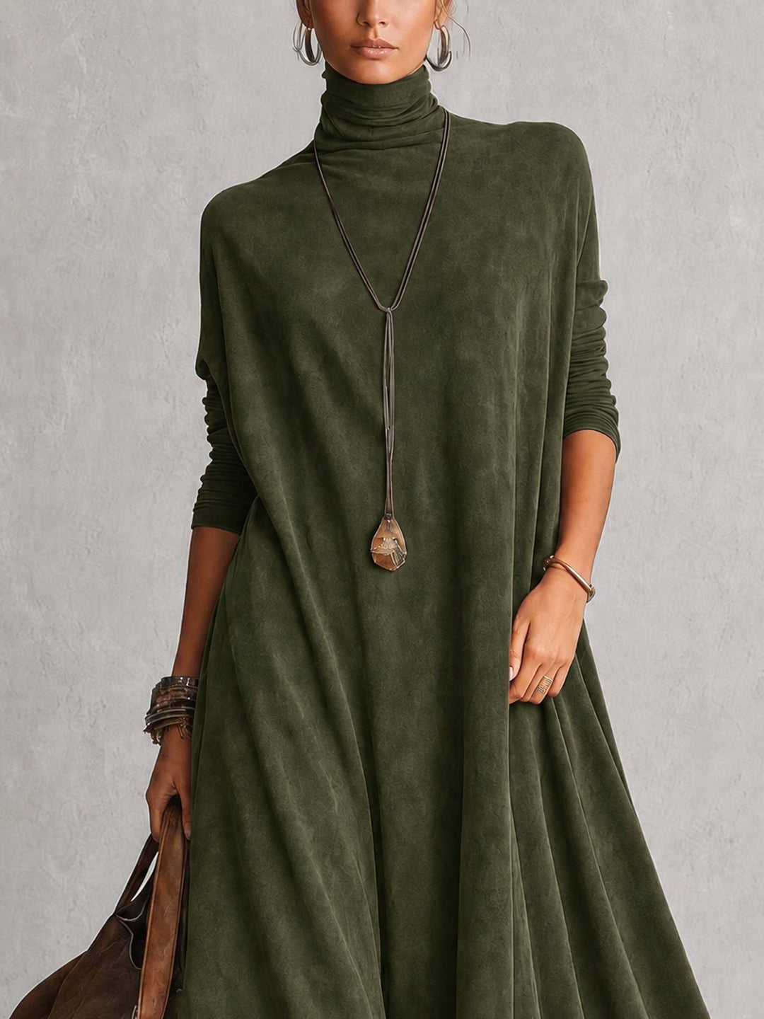 Women's Maxi Dress in Faux Suede with High Neck and Lace Hem 15