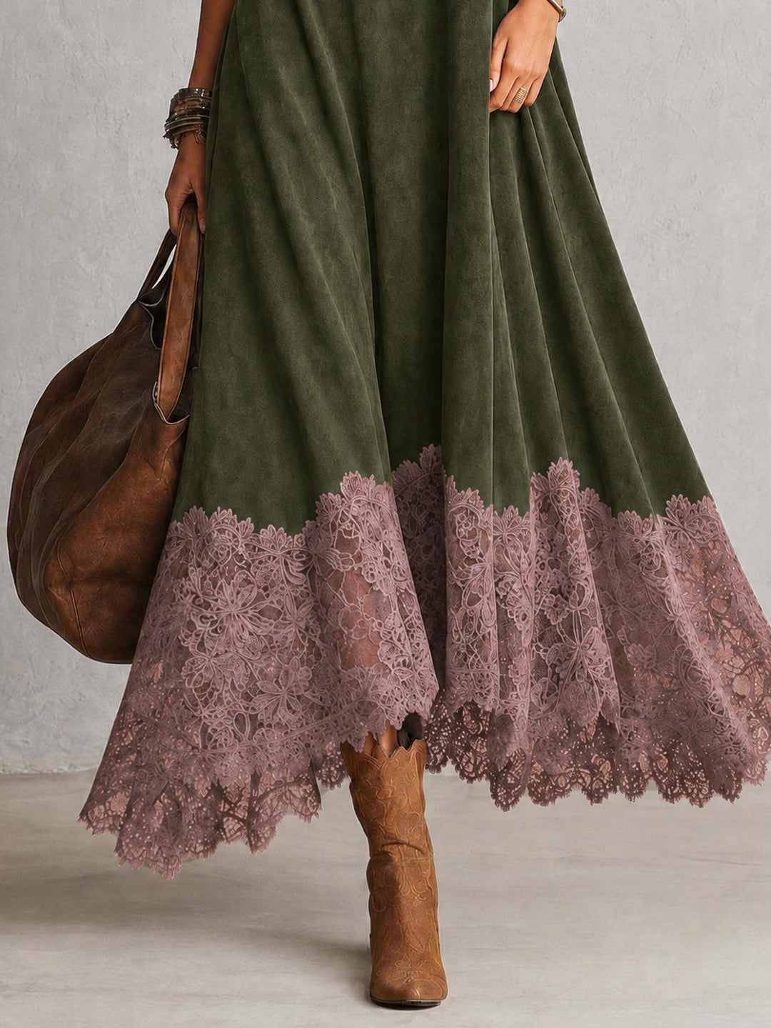 Long Faux Suede Dress with Contrast Lace Hem 16