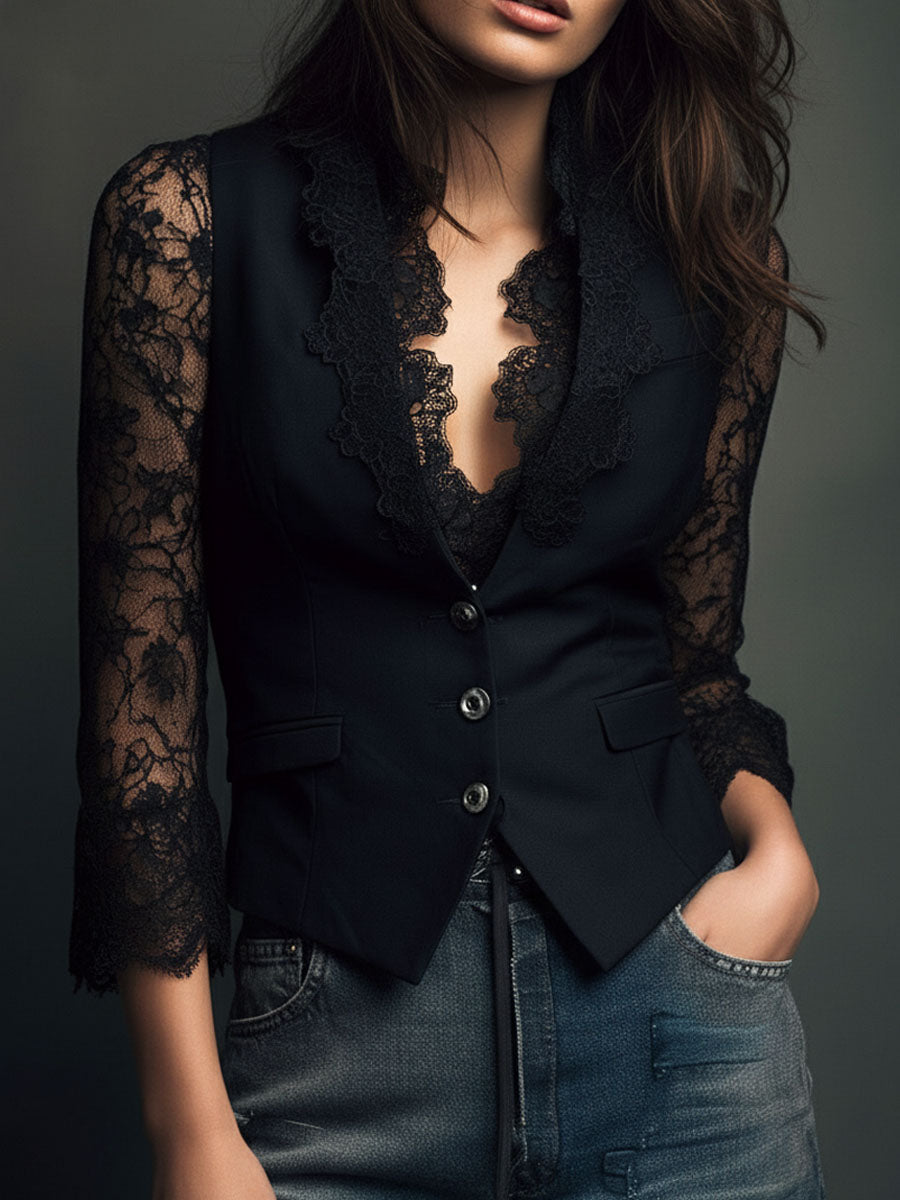 Black Blazer with Sheer Sleeves, Structured Layering Jacket 8