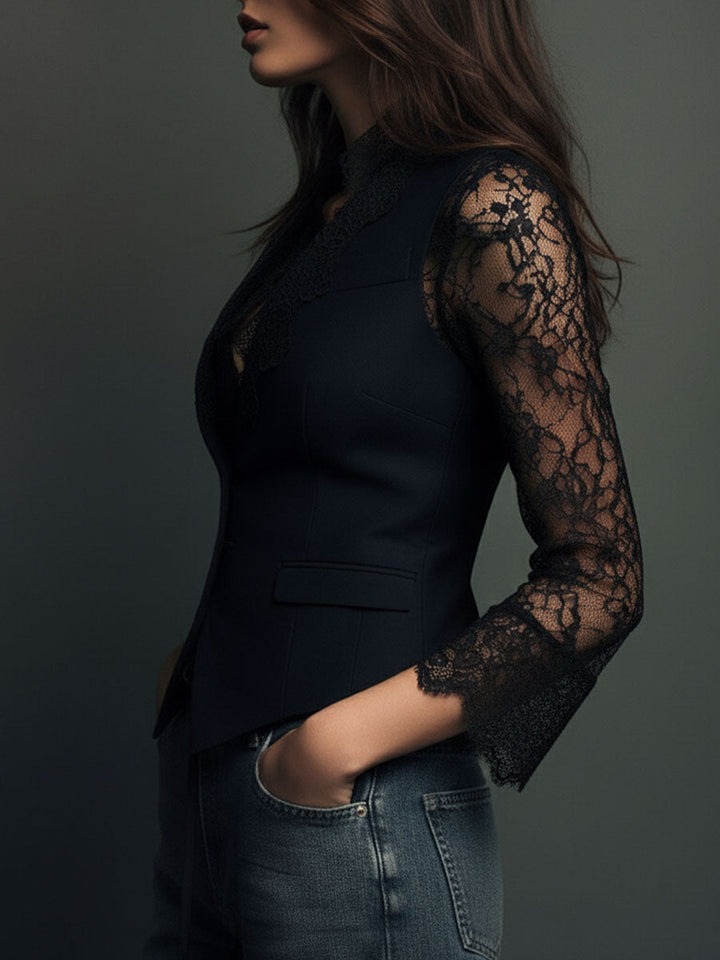 Black Blazer with Sheer Sleeves, Structured Layering Jacket 11