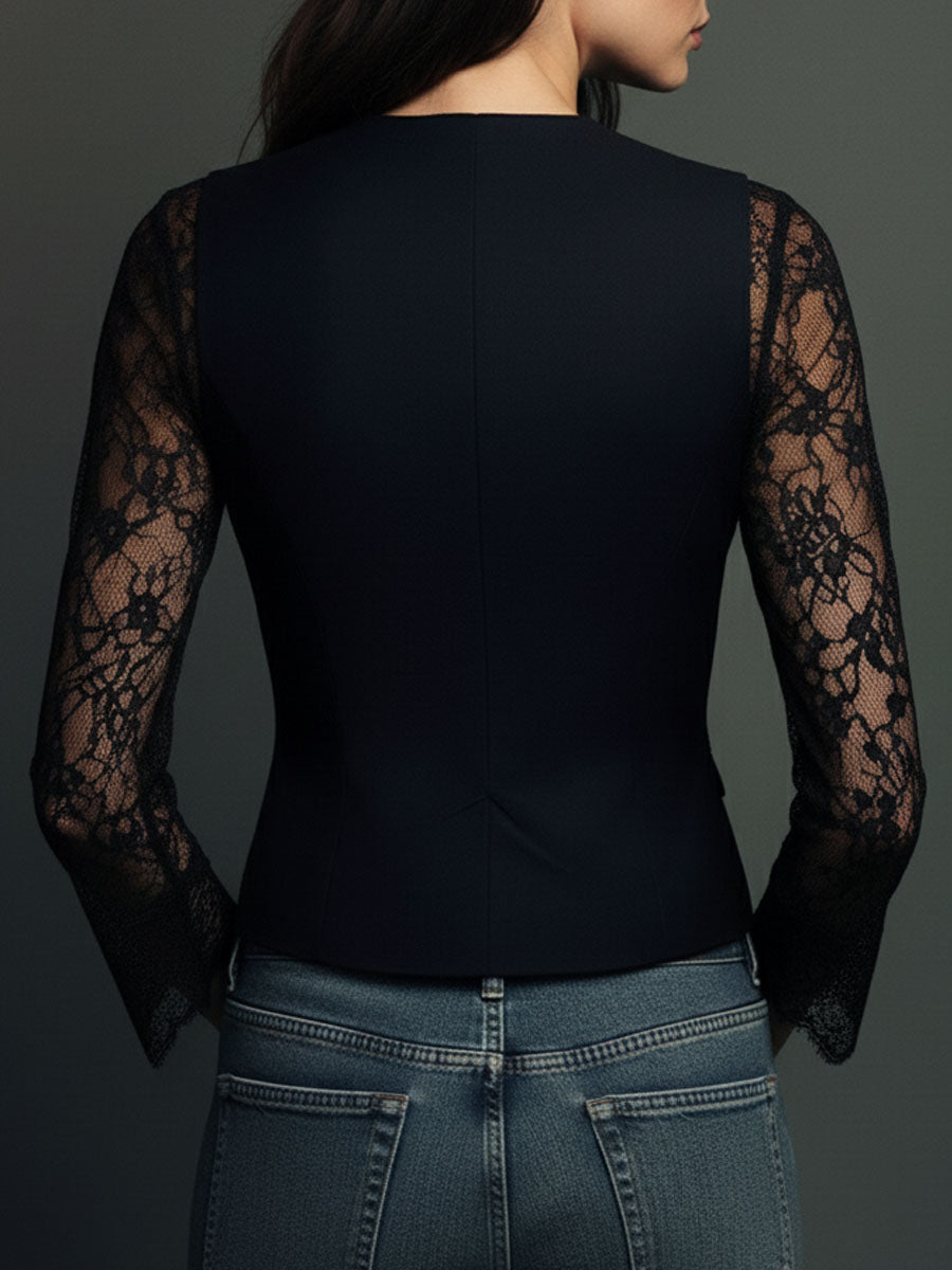 Black Blazer with Sheer Sleeves, Structured Layering Jacket 12