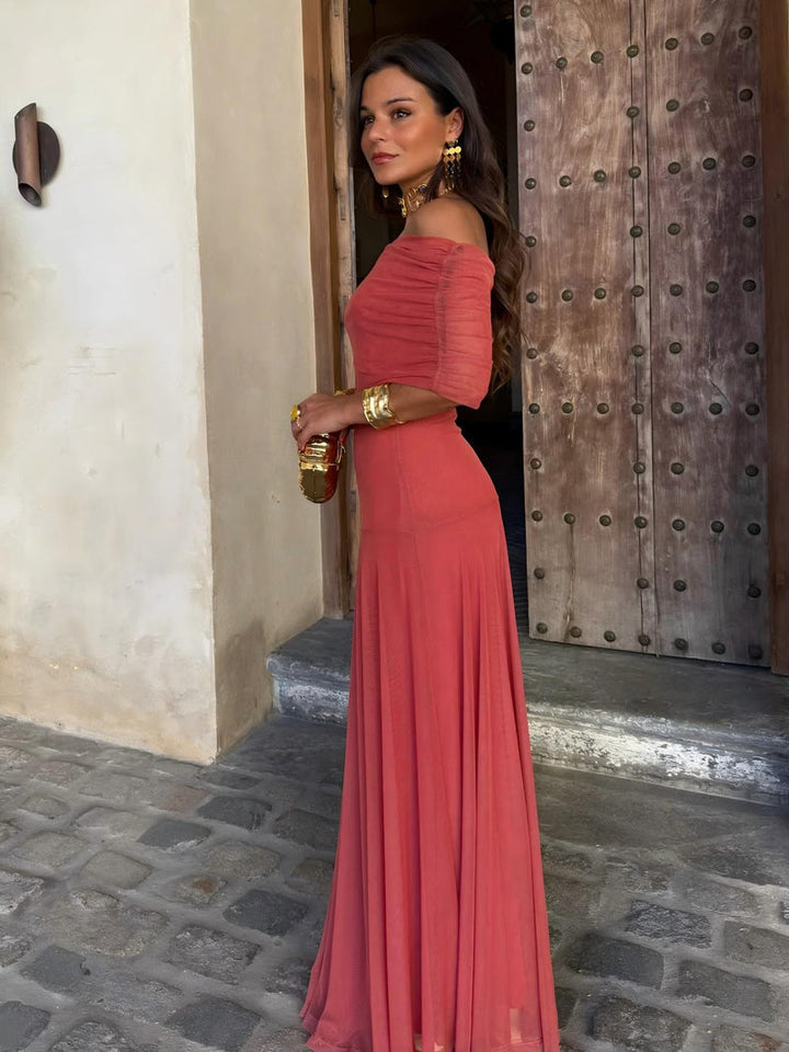 Elegant One-Shoulder Mesh Maxi Dress with Flowing Skirt 6