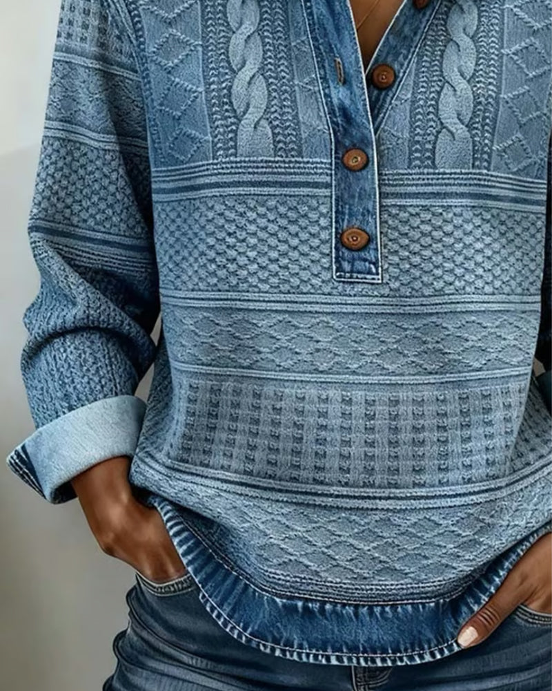 Half-Button Denim-Look Knit Sweater for Women 2