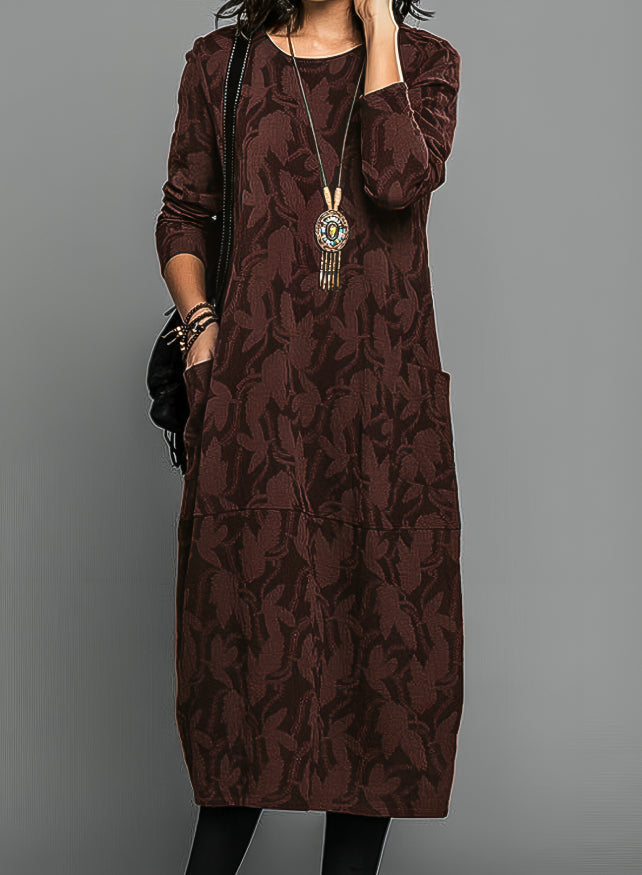 Long Sleeve Midi Dress with Abstract Leaf Print and Side Pockets 2