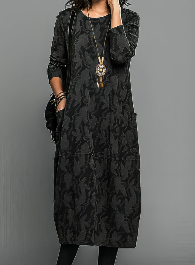 Long Sleeve Midi Dress with Abstract Leaf Print and Side Pockets 4