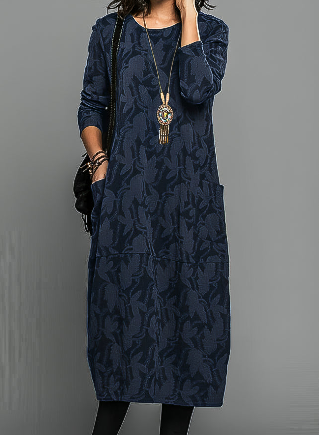 Long Sleeve Midi Dress with Abstract Leaf Print and Side Pockets 3