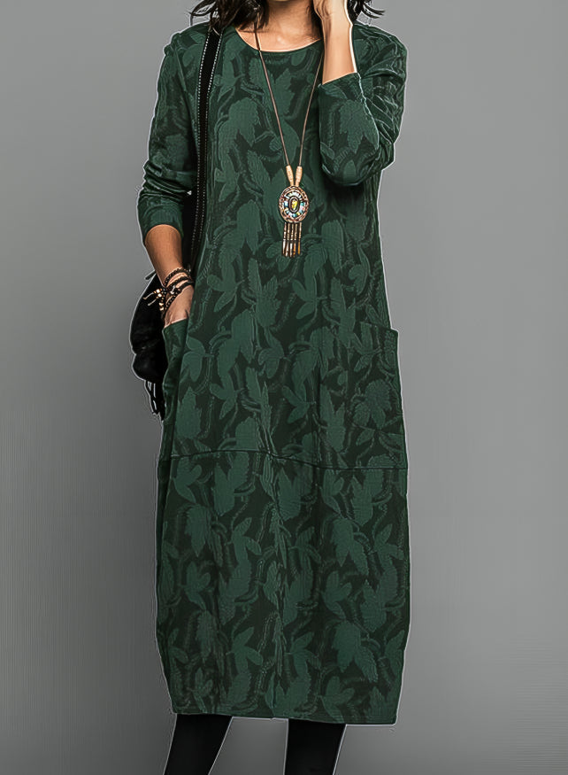 Long Sleeve Midi Dress with Abstract Leaf Print and Side Pockets 1