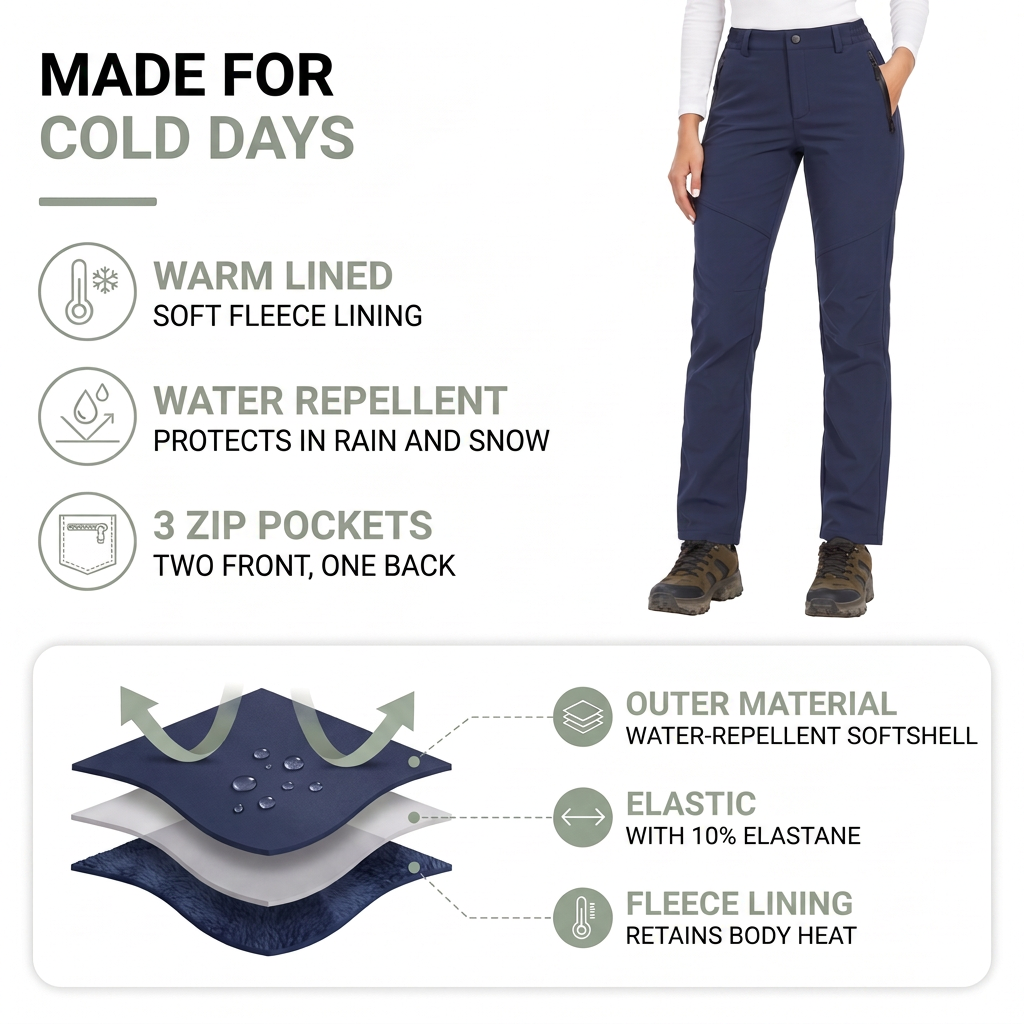 Women's Lined Thermal Softshell Pants with Fleece, Water-Repellent 2