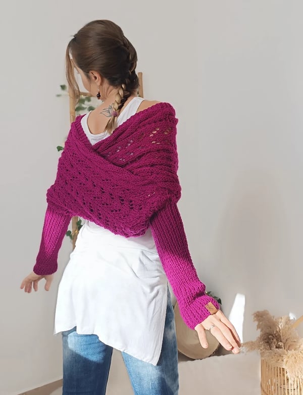 Double Sleeve Wrap Scarf - Cozy Knit Shawl with Built-In Sleeves 11