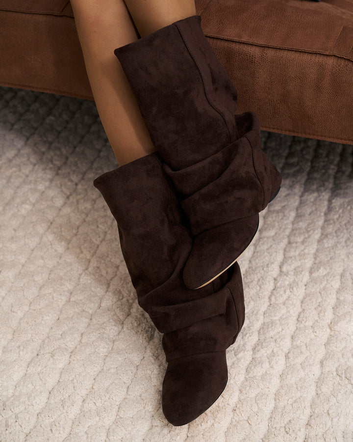Women's Slouchy Knee-High Boots with Hidden Heel, Rounded Toe, Dark Chocolate 2