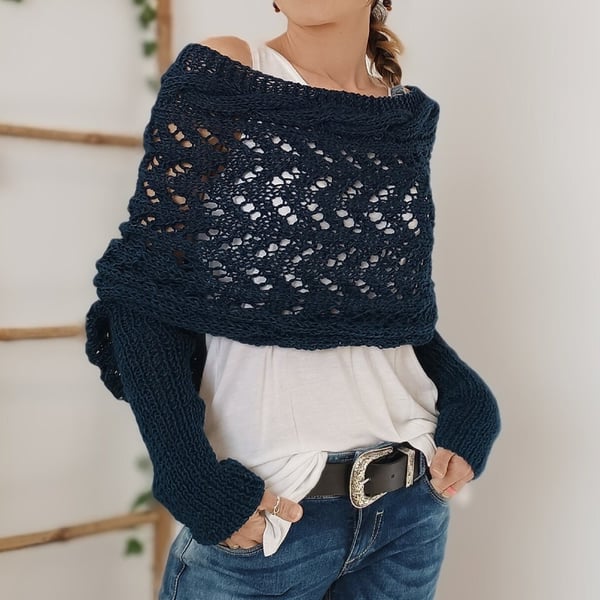 Double Sleeve Wrap Scarf - Cozy Knit Shawl with Built-In Sleeves 16
