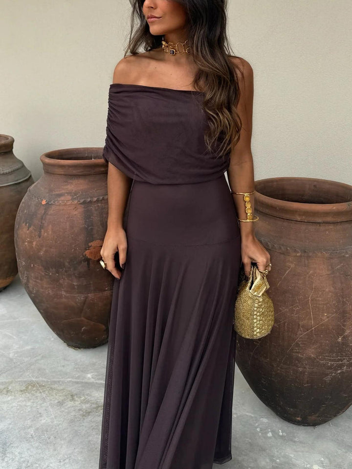 Elegant One-Shoulder Mesh Maxi Dress with Flowing Skirt 12