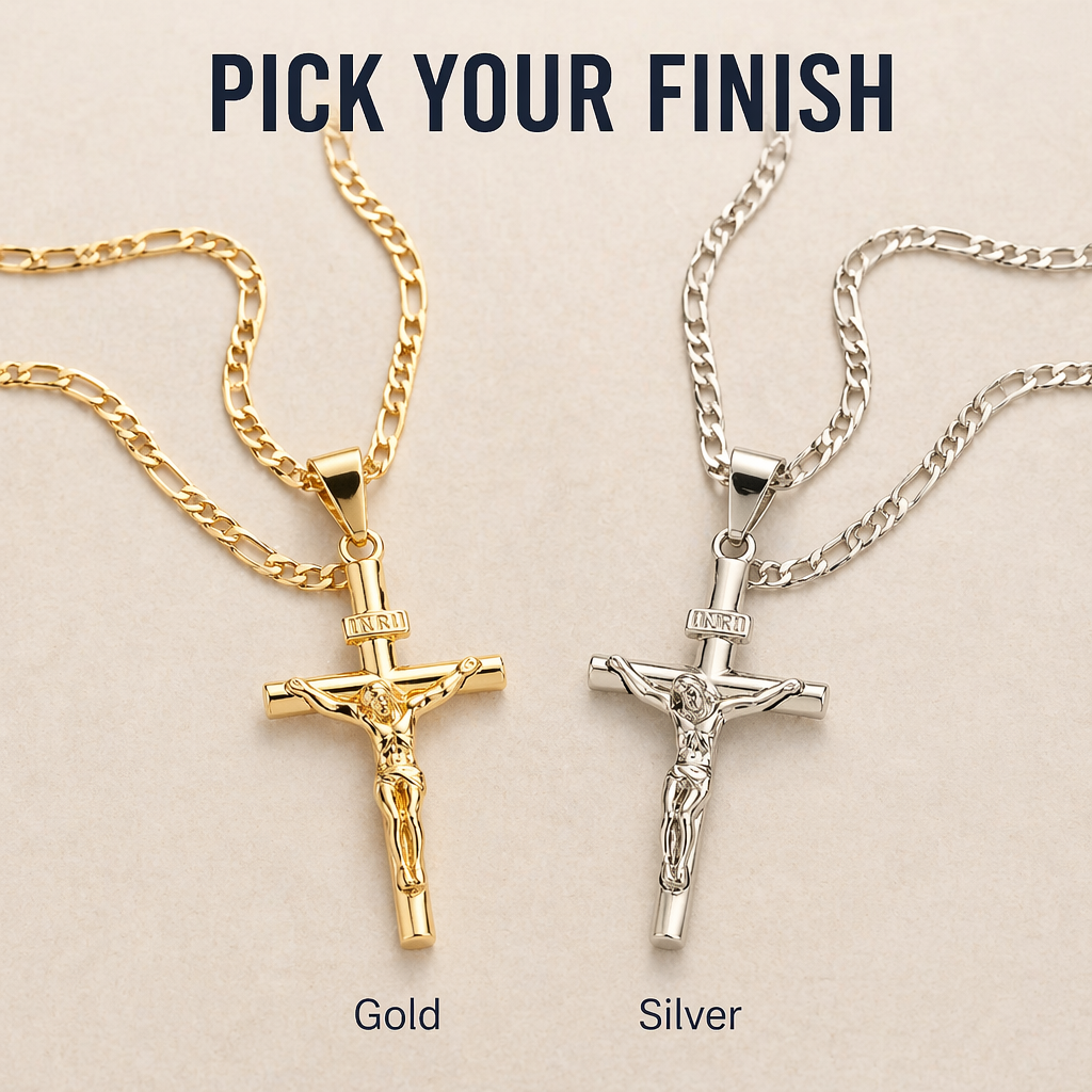 Gold Crucifix Necklace Set with INRI Inscription and Figaro Chain, 2-Pack 8