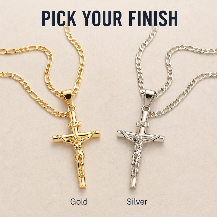 Gold Crucifix Necklace Set with INRI Inscription and Figaro Chain, 2-Pack 8