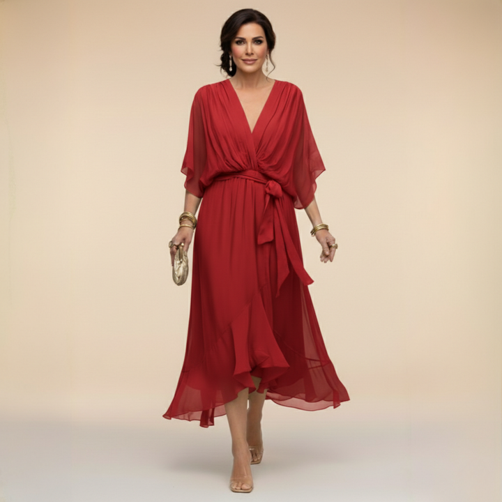Elegant Flowy Midi Dress for Women – V-Neck & Adjustable Waist 7