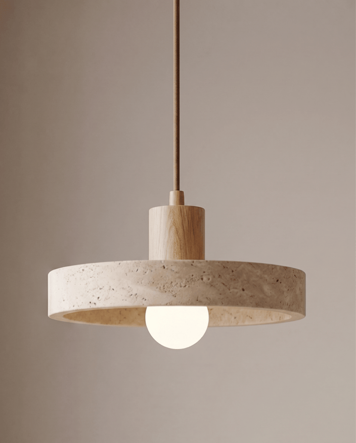 Yellow Travertine Pendant Light with Solid Wood Accent 8