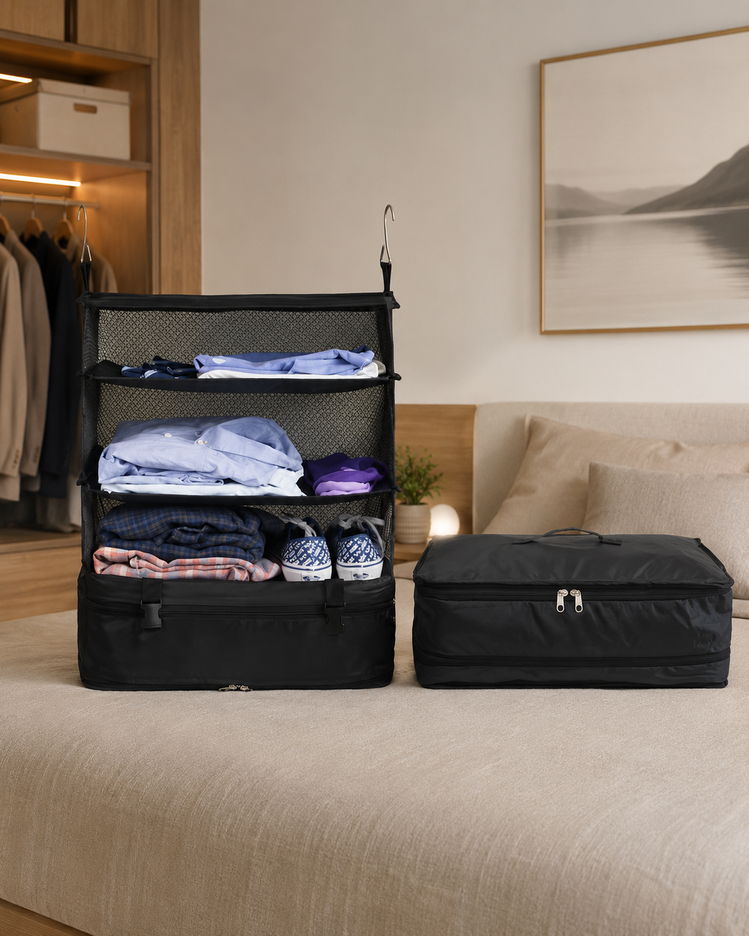 Foldable Hanging Travel Shelf Organizer with 3 Shelves and Zip Pocket 13